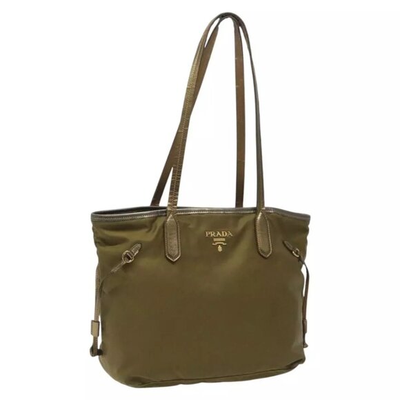 PRADA Tote Bag Nylon Khaki Gold Auth - Picture 1 of 16